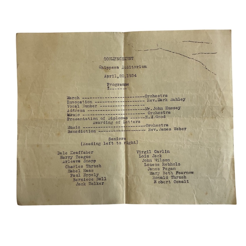 1934 Chippewa Auditorium Commencement Program Ephemera 1930s Vintage‎